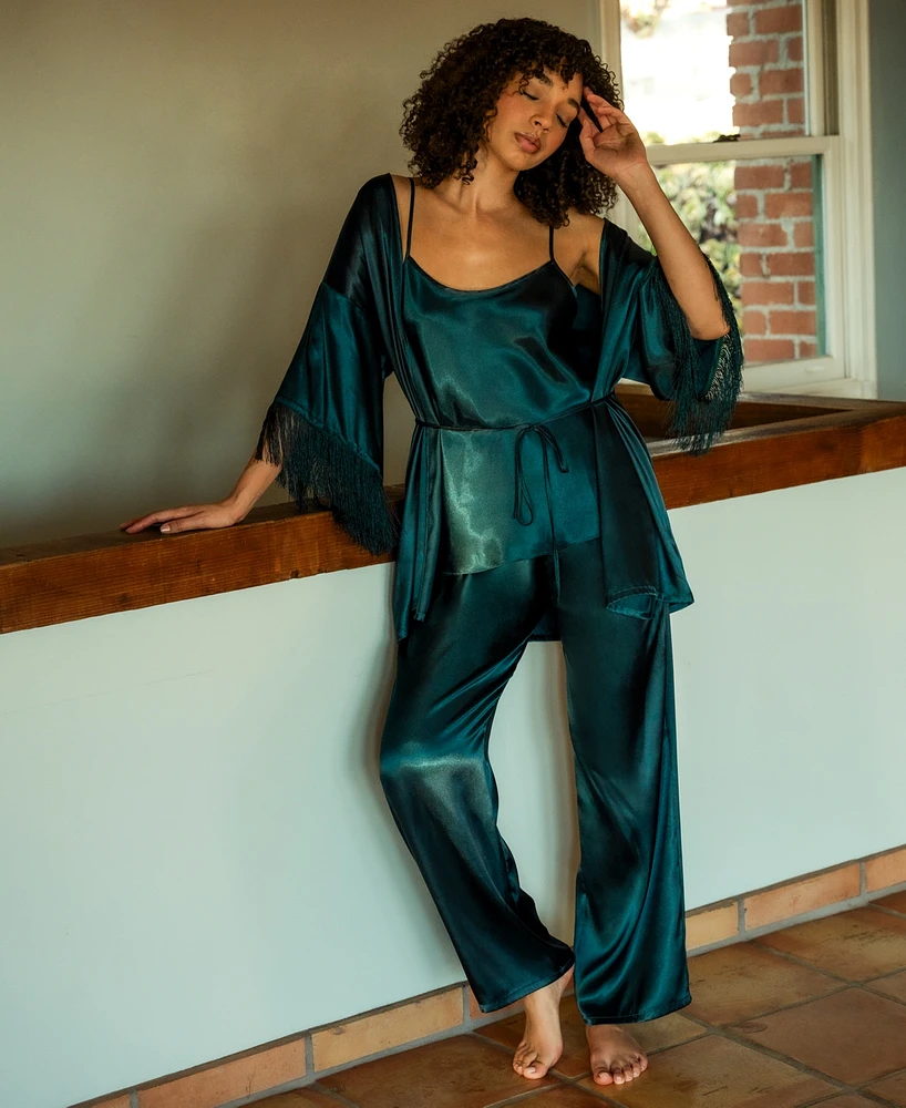 Linea Donatella Women's 3-Pc. Satin Fringe Robe, Cami & Pants Set