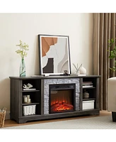 Simplie Fun Mantel Electric Fireplace Stone Tv Media Stand with Faux Stacked Stone Surround, Modern Entertainment Console with Open Storage Space with