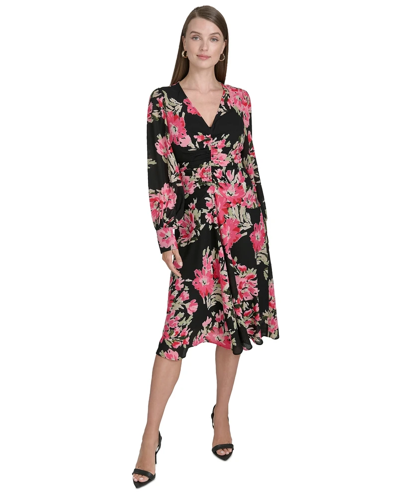 Halston Women's Floral-Print Ruched Fit & Flare Dress