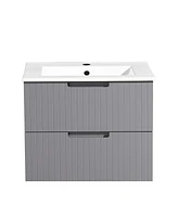24 Inch Floating Bathroom Vanity with Ceramic Sink, Modern Bath Storage Cabinet Vanity with Drawers Wall Mounted Combo Set for Bathroom, Gray