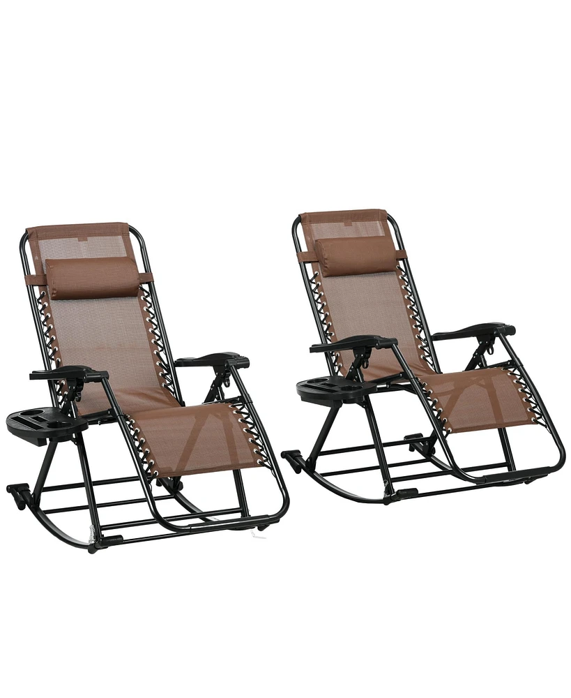 Simplie Fun Set of 2 Outdoor Rocking Chairs, Foldable Reclining Zero Gravity Lounge Rocker with Pillow, Cup & Phone Holder, Combo Design with Folding