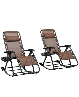 Simplie Fun Set of 2 Outdoor Rocking Chairs, Foldable Reclining Zero Gravity Lounge Rocker with Pillow, Cup & Phone Holder, Combo Design with Folding