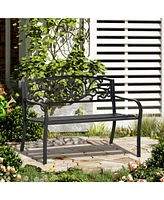 50" Outdoor Bench, Metal Garden Bench with Floral Pattern Backrest, Porch Bench with Slatted Seat for Park, Yard, Lawn, Black