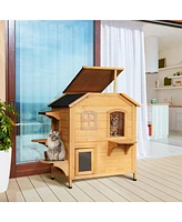 Simplie Fun 2-story Cat House Outdoor, Weatherproof Wooden Cat Enclosure for Feral Cats with Escape Door, Openable Roof, Jumping Platforms