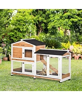 62" Rabbit Hutch, Wooden Bunny Hutch, Guinea Pig Cage, Small Animal Enclosure with Wheels, Run Area, Removable Tray, Asphalt Roof, Lockable Doors