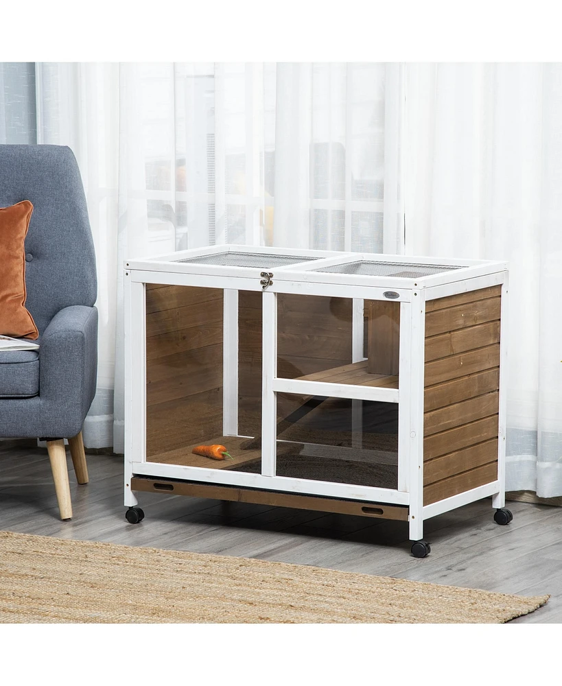 Streamdale Furniture Indoor Rabbit Hutch with Wheels, Desk and Side Table Sized, Wood Rabbit Cage, Waterproof Small Rabbit Cage, Brown