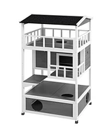 Simplie Fun Wooden Outdoor Cat House, Feral Cat Shelter Kitten Condo with Asphalt Roof, Escape Doors, Condo, Jumping Platform, Light Gray