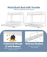Costway Twin Over Full Metal Slats Bunk Bed Frame with Trundle, Guard Rail & Ladders