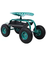 Rolling Garden Scooter Garden Cart Seat with Wheels and Tool Tray, 360 Swivel Seat, Green--refurbished