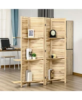 4-Panel Folding Room Divider, 5.6 Ft Freestanding Paulownia Wood Privacy Screen Panel with Storage Shelves for Bedroom or Office, Natural Wood Color