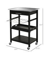 Kitchen island Cart Rolling Trolley Utility Serving Cart with Stainless Steel Tabletop, Wine Rack & Drawer