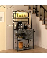 Simplie Fun Baker's Rack with Power Outlet and Led Lights, Coffee Bar with Storage Shelves, Industrial Microwave Stand with Wine Bottle Rack, Drawer,