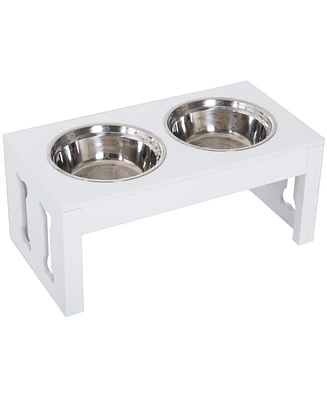 Streamdale Furniture 23" Modern Decorative Dog Bone Wooden Heavy Duty Pet Food Bowl Elevated Feeding Station - White