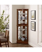 Slickblue Corner Curio Display Cabinet with Glass Shelves Mirrored Back Walnut Finish