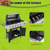 Propane Grill 4 Burner Barbecue Grill Stainless Steel Gas Grill with Side Burner, 46,500 Btu Outdoor Cooking, Patio, Garden Barbecue Grill, Black and