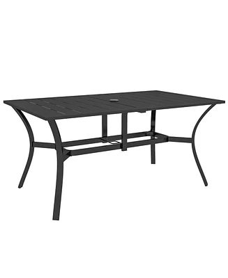 Rectangle Outdoor Dining Table for 6 People, Steel Rectangular Patio Table with Umbrella Hole, Steel Frame for Garden, Balcony, Black