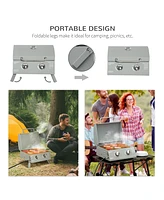 2 Burner Propane Gas Grill Outdoor Portable Tabletop Bbq with Foldable Legs, Lid, Thermometer for Camping, Picnic, Backyard, Light Grey