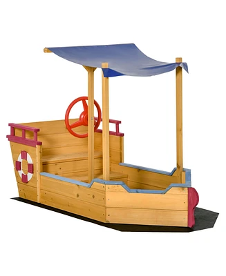 Simplie Fun Pirate Ship Sandbox with Cover and Rudder, Wooden Sandbox with Storage Bench and Seat, Outdoor Toy for Kids Ages 3-8 Years Old