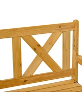 Patio Wooden Bench with Storage Box, 29 Gallon Outdoor Storage Bench, Large Entryway Deck Box w/ Unique X-Shape Back, for Deck, Porch & Balcony, Yello
