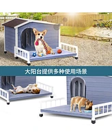 Simplie Fun Large Wooden Dog House Indoor Outdoor with Terrace and Open Waterproof Asphalt Roof, Outdoor Dog House with Raised Floor, Windows and Door