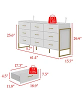 Homsee White and Golden 9-Drawers Wooden Dresser without Mirror