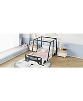 Slickblue Twin Car-shaped Bed with Roof,Wooden Floor wheels and door Design,Montessori Inspired Bedroom