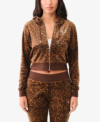 True Religion Women's Leopard Velour Zip Up Hoodie