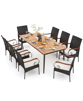 9 Pcs Patio Dining Set with Acacia Wood Tabletop 1.9" Umbrella Hole Outdoor