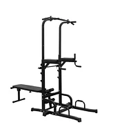 Slickblue Heavy-Duty Power Tower Dip Station with Adjustable Height Bench and Pull-Up Bar for Home Office Gym Fitness Training