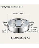 Cook N Home 10.5 Inch Tri-Ply Clad Stainless Steel Deep Frying Pan with Glass Lid