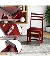 Costway Toddler 3-Step Folding Step Ladder Chair with Bamboo Frame Convertible Stool Reddish