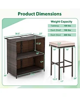 3 Pcs Patio Bar Set with Tempered Glass Tabletop 2-Tier Storage Removable Cushions