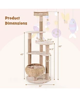 Costway 65" Cattail Cat Tower with Jute Scratching Posts Perch Basket Bed Dangling Balls