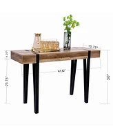 LuxenHome Oak Finish Mdf Wood Black Metal Console Entry Table