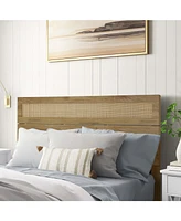 LuxenHome Oak Finish Manufactured Wood with Natural Rattan Top Headboard, Queen