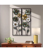 LuxenHome Set of 2 Metal Green, White, and Gold Wild Flowers Wall Decor - Multi