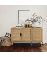 LuxenHome 47.2" Wide 3-Door Rattan Light Oak Finish Wood Sideboard Cabinet