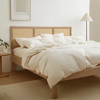 LuxenHome Natural Finish Rubberwood with Rattan Panels Headboard