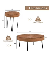 Costway Farmhouse Round CoffeeTable Set of 2 End Table Natural Finish for Living Room Coffee