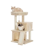 Slickblue Modern Small Cat Tree Tower – Features Double Condos, Spacious Perch, Sisal Scratching Posts, Climbing Ladder, and Replaceable Dangli