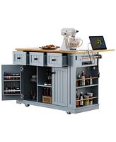 53" Kitchen Island Cart with Power Outlet, Storage, and Side Racks