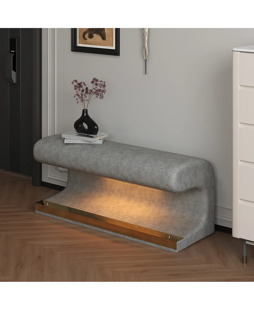 Entryway Bench Leather Upholstered Ottoman with Led sensor light for living room, bedroom, end of bed