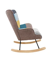 Rocking Chair with ottoman, Mid Century Fabric Rocker Chair with Wood Legs and Patchwork Linen for Livingroom Bedroom