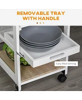 Mobile Kitchen Cart, Rolling Kitchen Island with Storage, Solid Wood Frame Utility Cart with Wire Fruit Baskets, Trays and Drawer, White