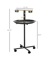 Bird Play Stand, Portable Parrot Perch, Bird Feeder Station, with Four Wheels, Stainless Steel Feeding Bowls, Round Tray, Grey
