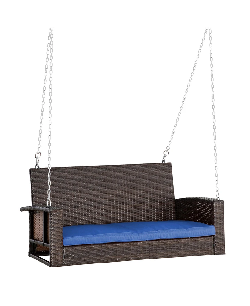 Simplie Fun 2 Person Wicker Hanging Swing Bench, Front Porch Swing Outdoor Chair with Cushions 550 lbs. Weight Capacity for Backyard, Garden, Blue