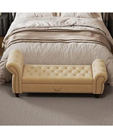 64.5" Bed Bench for Bed Room Nails Tufted Chaise of Lounge with Storage Velvet Upholstery Khaki