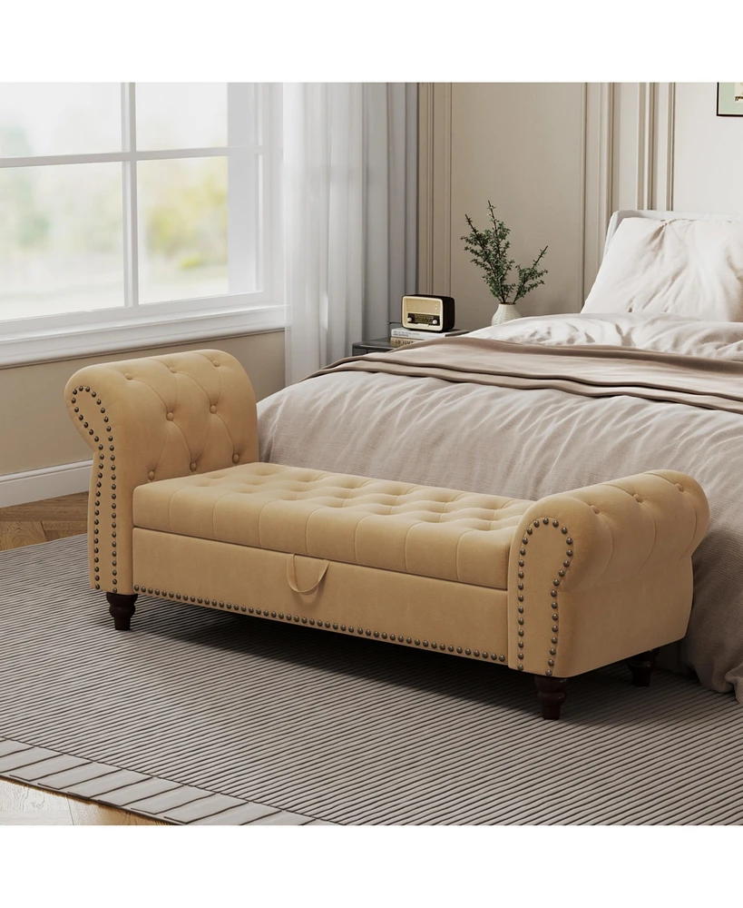 Streamdale Furniture 64.5" Bed Bench for Bed Room Nails Tufted Chaise of Lounge with Storage Velvet Upholstery Khaki