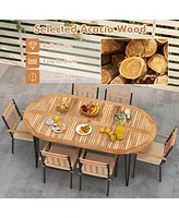 Costway 9 Pieces Outdoor Dining Set with Acacia Wood Top & Umbrella Hole Metal Frame