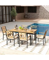 Costway 7 Pcs Patio Dining Set with Acacia Wood Dining Table Rattan Armchairs Soft Cushions